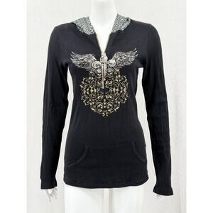 Sledge USA Top Women Small Black Hooded Wings Graphic Half Zip Thermal Biker Y2K